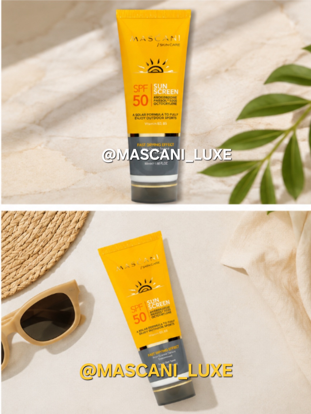 خرید کرم ضدآفتاب ماسکانی SPF50 حاوی شی باتر، گلیسرین، ویتامین B5 و E
