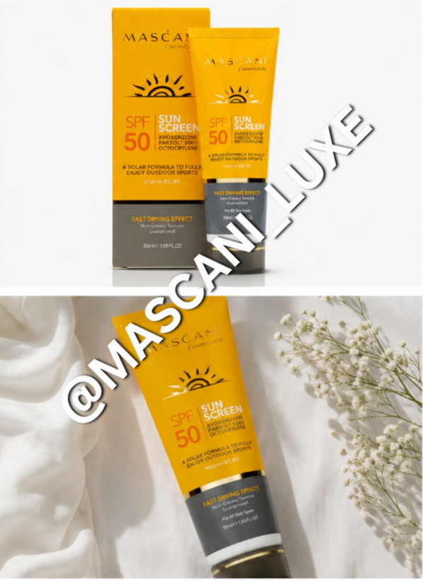 کرم ضدآفتاب ماسکانی SPF50 حاوی شی باتر، گلیسرین، ویتامین B5 و E