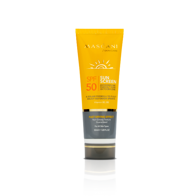 کرم ضدآفتاب ماسکانی SPF50 حاوی شی باتر، گلیسرین، ویتامین B5 و E