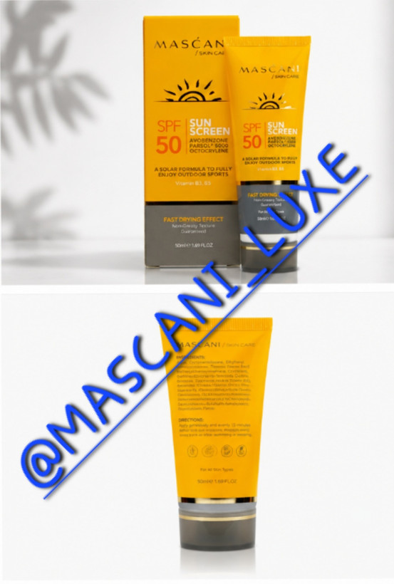 کرم ضدآفتاب ماسکانی SPF50 حاوی شی باتر، گلیسرین، ویتامین B5 و E