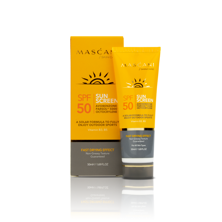کرم ضدآفتاب ماسکانی SPF50 حاوی شی باتر، گلیسرین، ویتامین B5 و E
